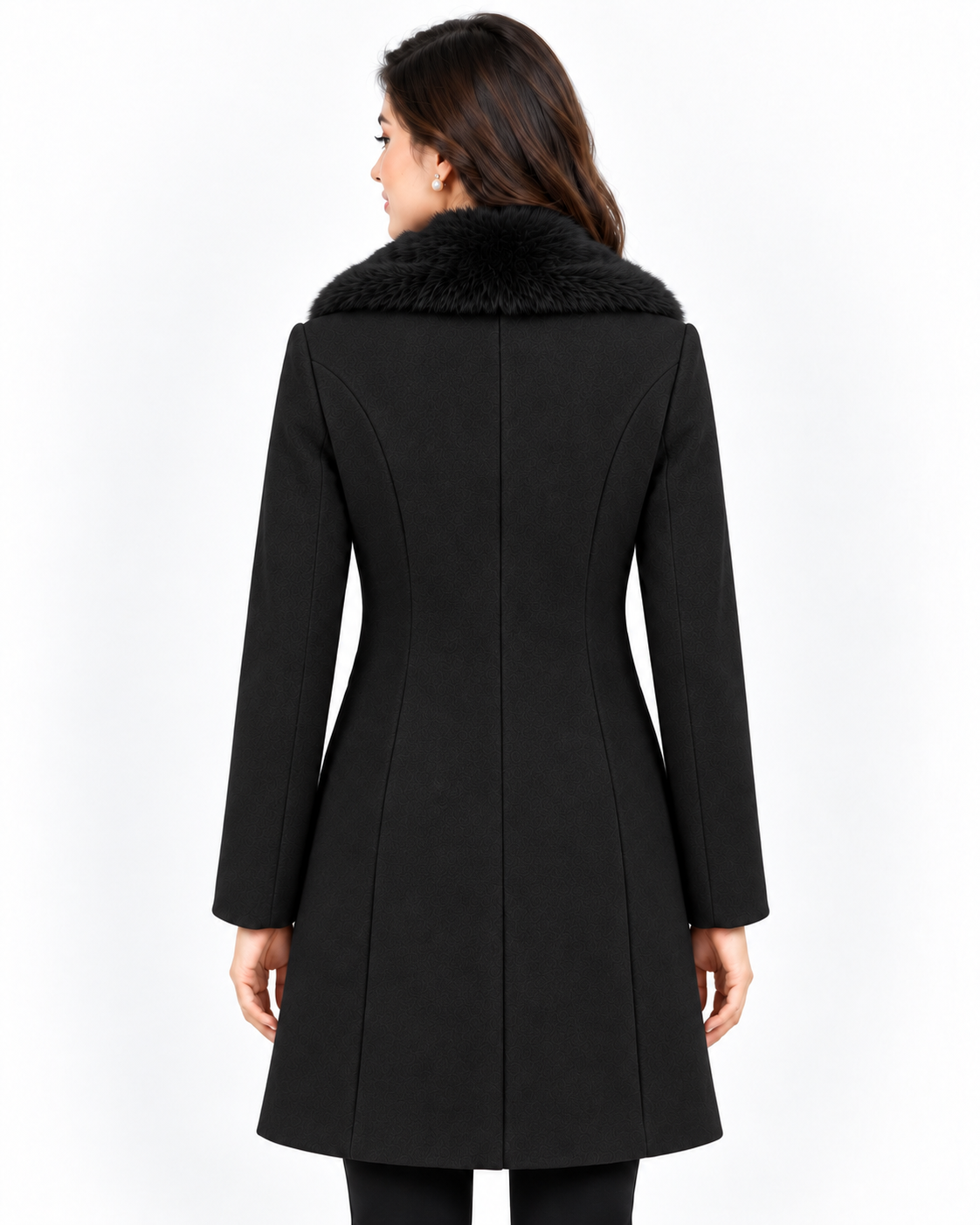 BRAVON Long Fur Collar Coat Black Back View