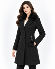 BRAVON Long Fur Collar Coat Black Side View