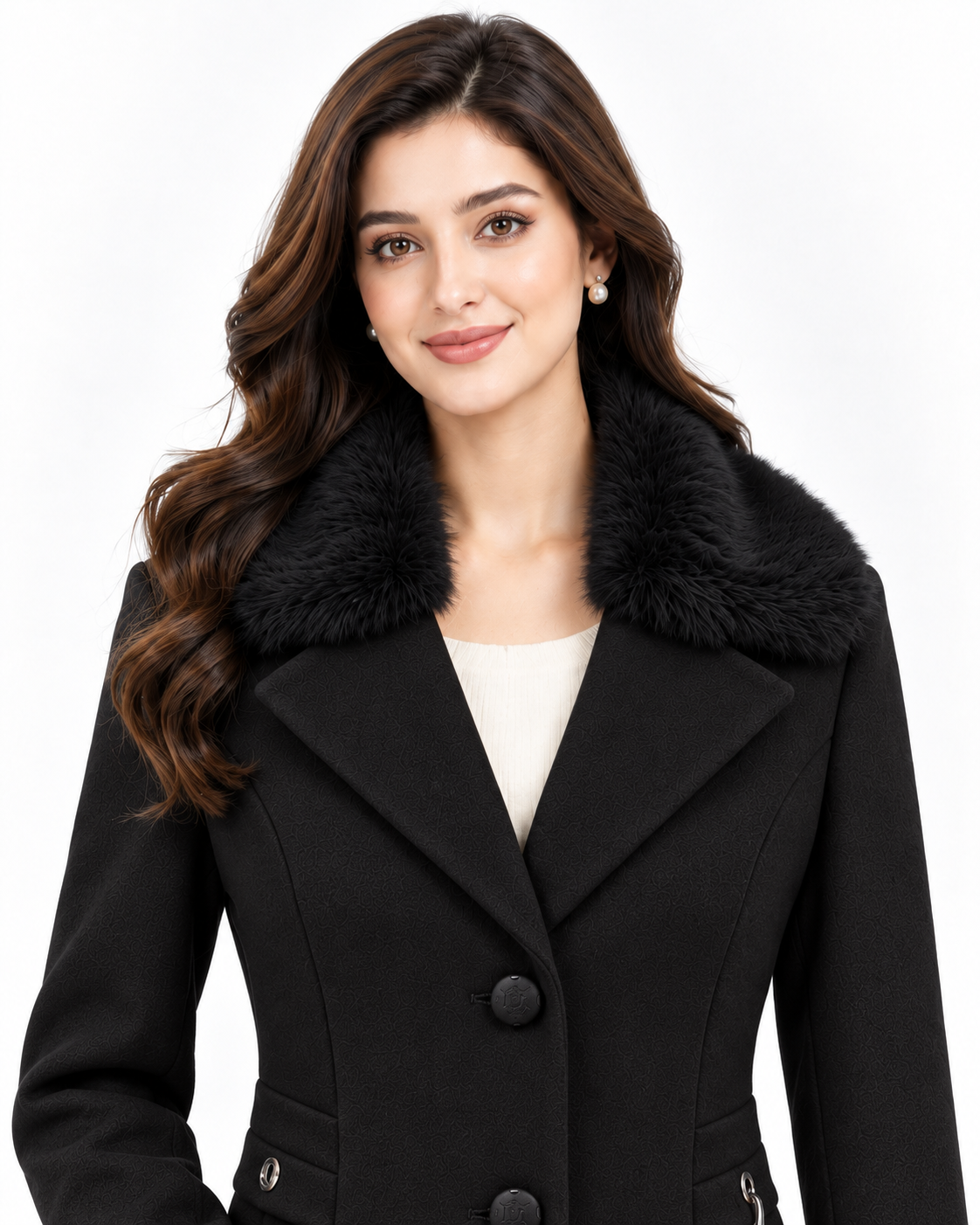 BRAVON Long Fur Collar Coat Black Collar Close-Up View