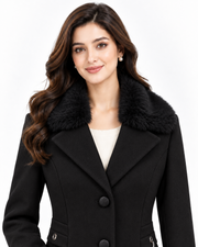 BRAVON Long Fur Collar Coat Black Collar Close-Up View