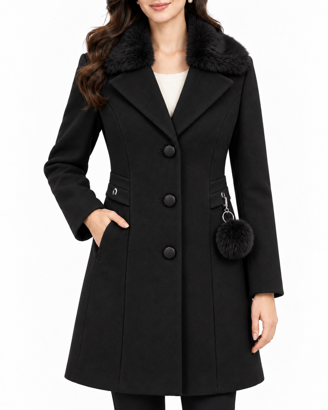 BRAVON Long Fur Collar Coat Black Fabric Detail View