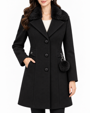 BRAVON Long Fur Collar Coat Black Fabric Detail View
