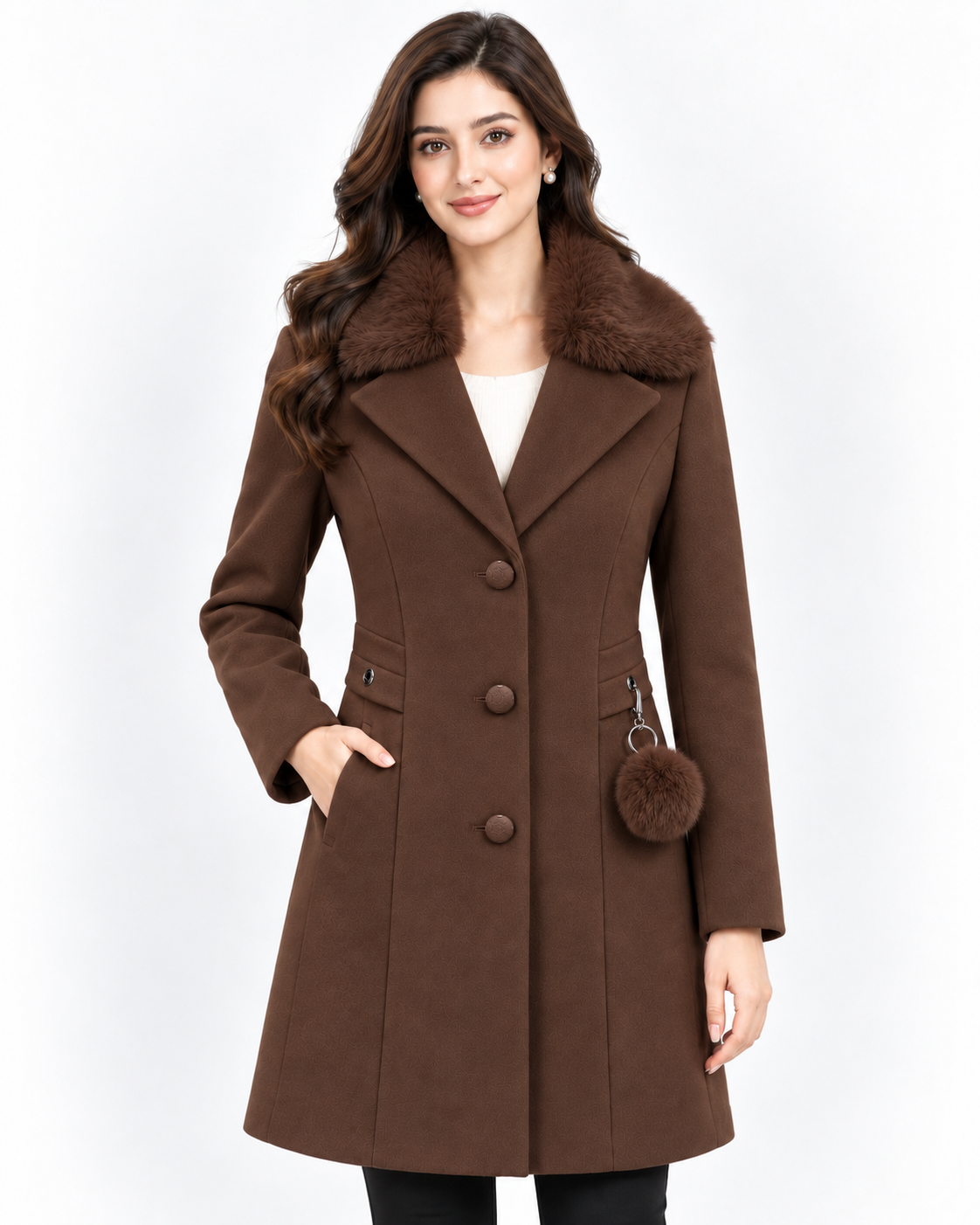 BRAVON Long Fur Collar Coat Chocolate Brown Front View