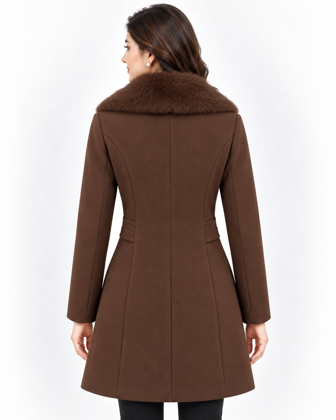 BRAVON Long Fur Collar Coat Chocolate Brown Back View