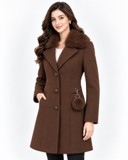 BRAVON Long Fur Collar Coat Chocolate Brown Side View