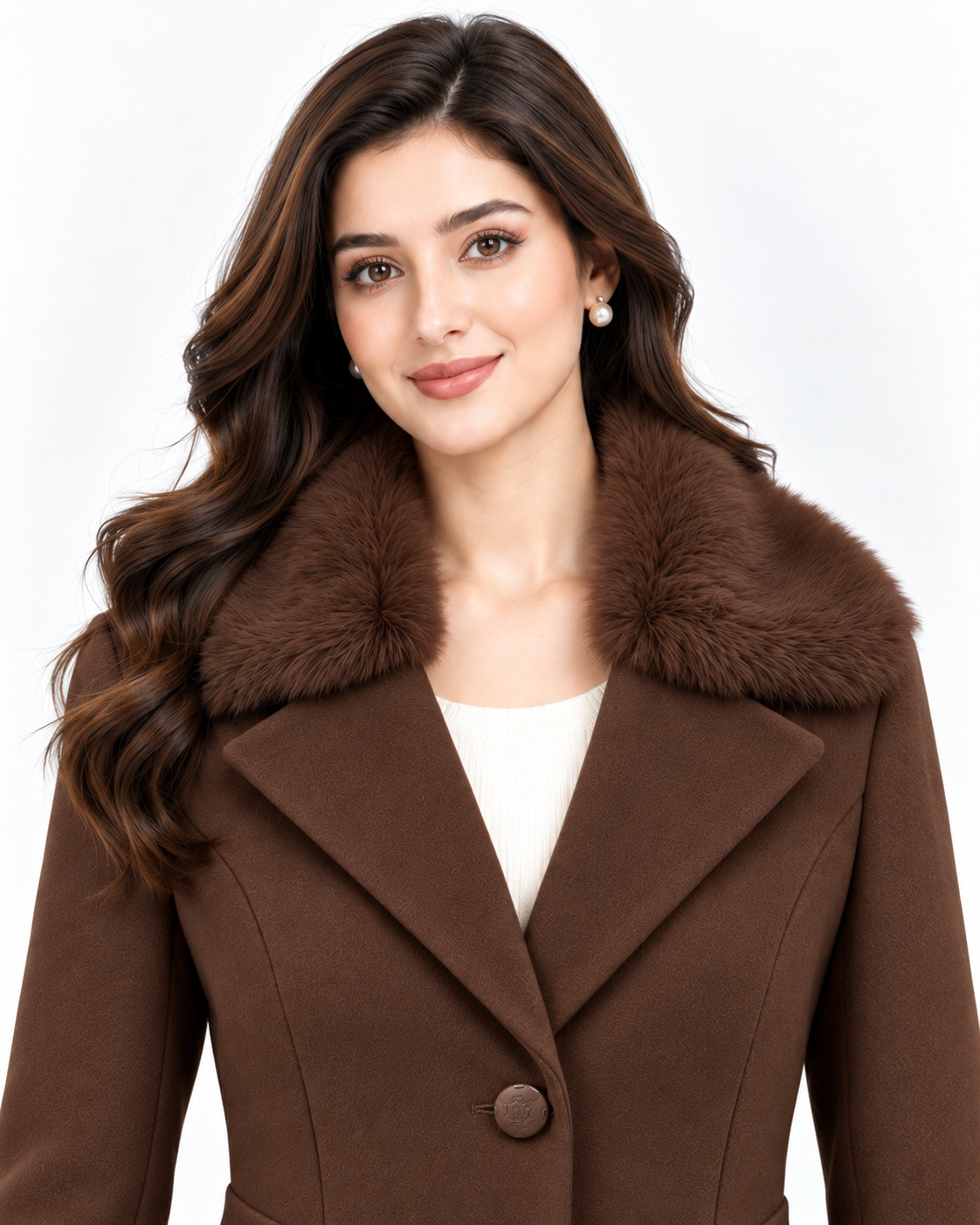 BRAVON Long Fur Collar Coat Chocolate Brown Collar Close-Up View