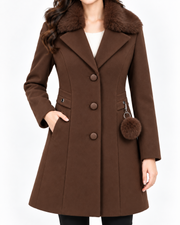BRAVON Long Fur Collar Coat Chocolate Brown Fabric Detail View