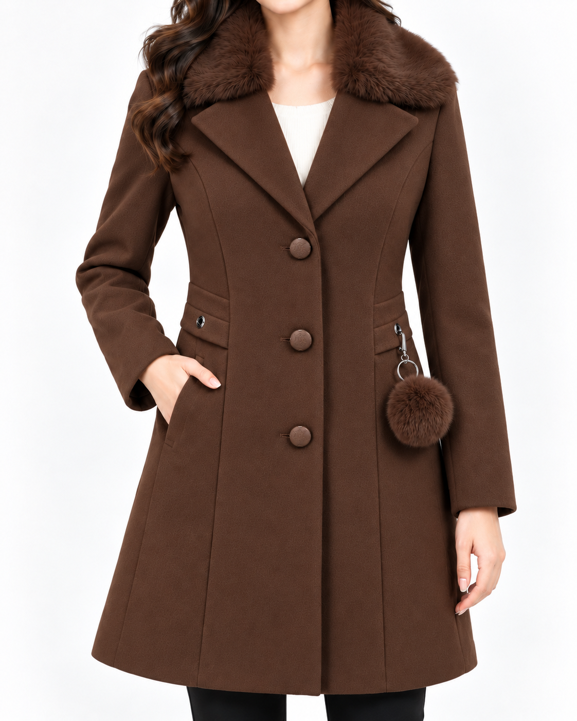 BRAVON Long Fur Collar Coat Chocolate Brown Fabric Detail View