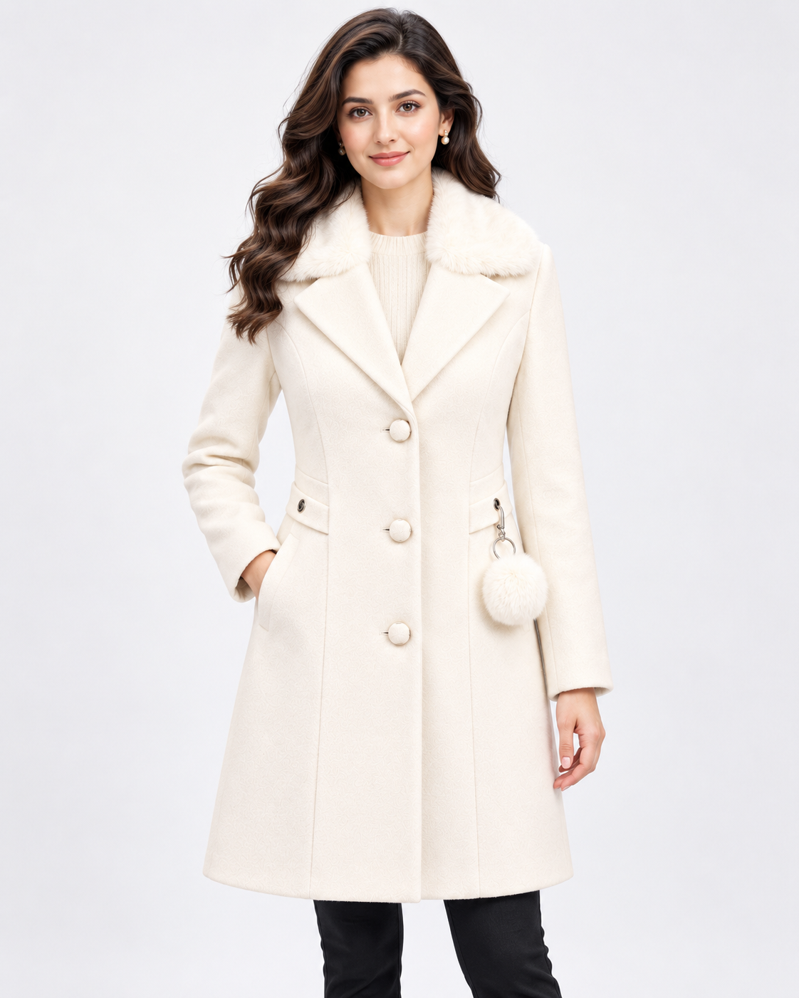 BRAVON Long Fur Collar Coat Milky Cream Front View