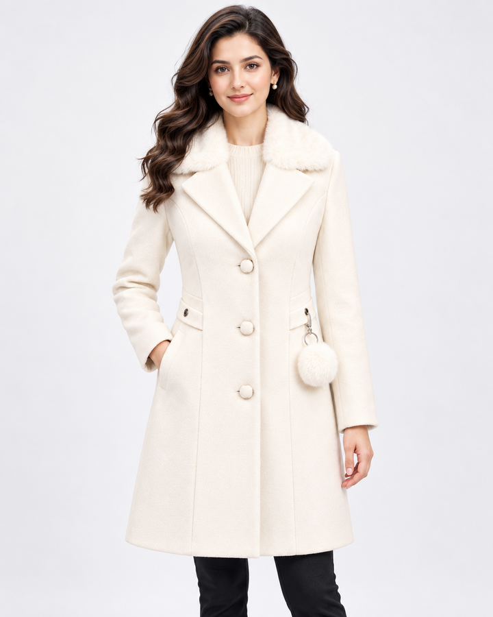 BRAVON Long Fur Collar Coat Milky Cream Front View