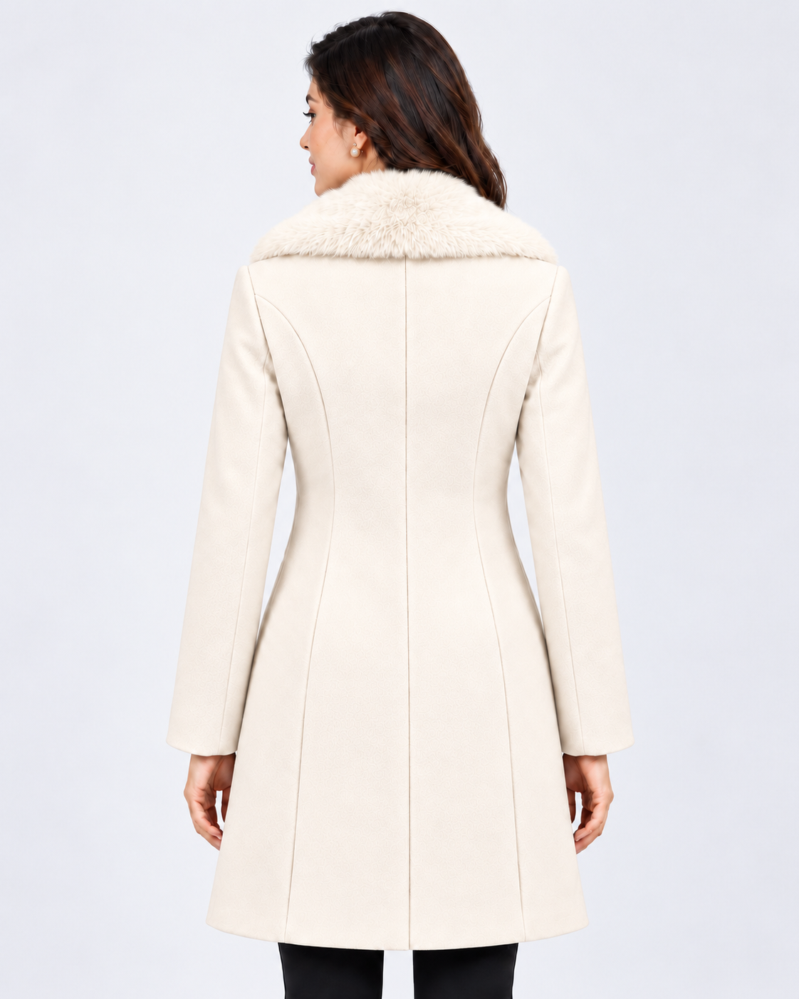 BRAVON Long Fur Collar Coat Milky Cream Back View