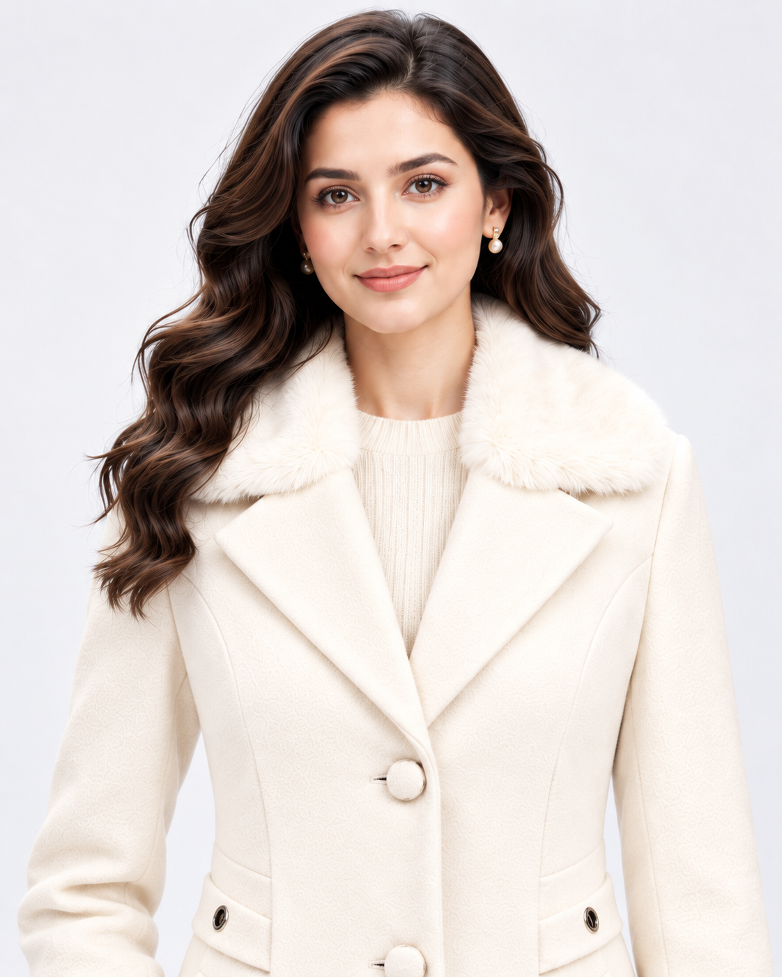 BRAVON Long Fur Collar Coat Milky Cream Collar Close-Up View
