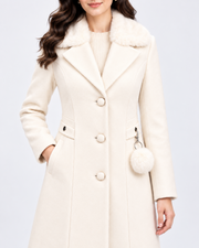 BRAVON Long Fur Collar Coat Milky Cream Fabric Detail View