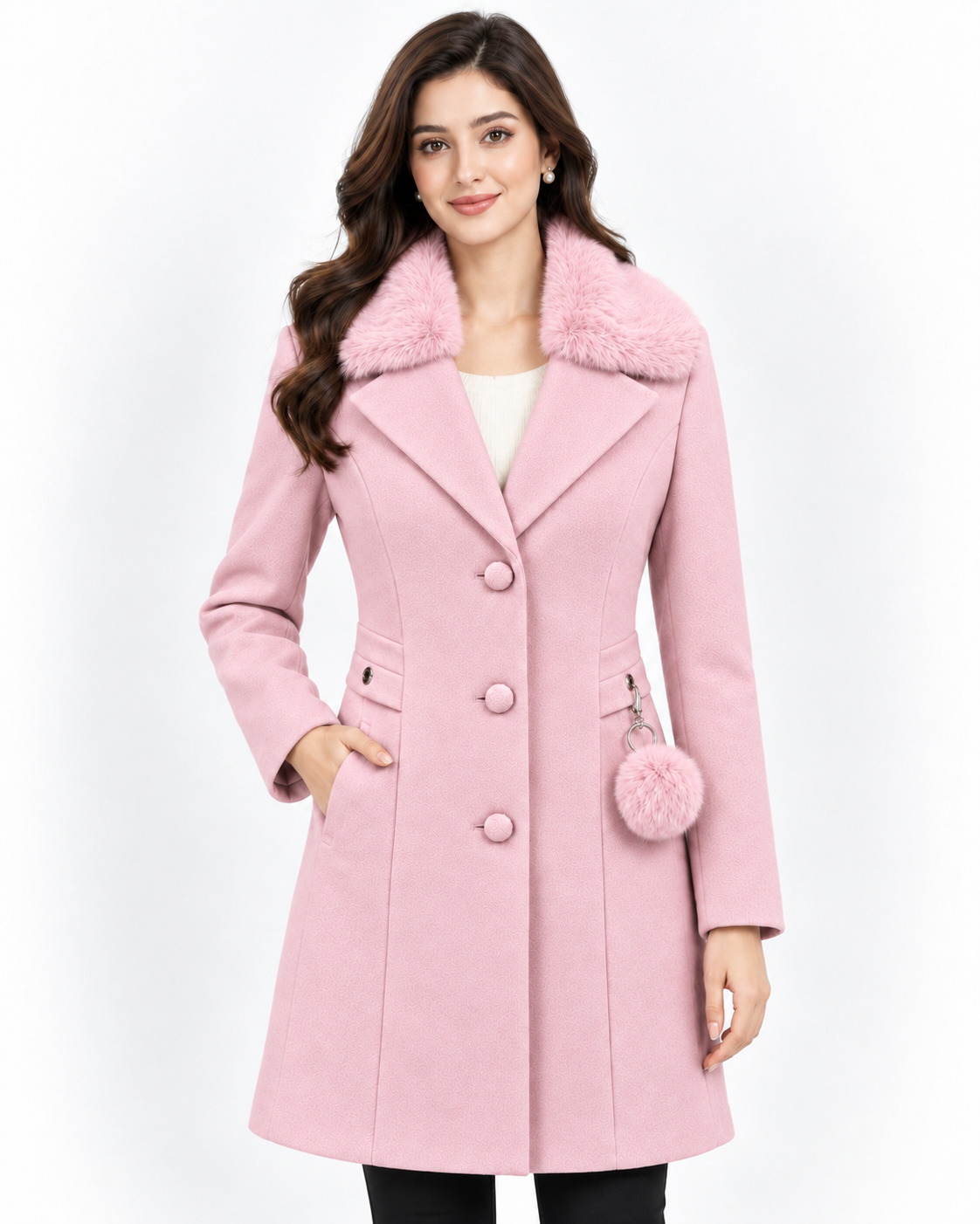 BRAVON Long Fur Collar Coat Blush Pink Front View