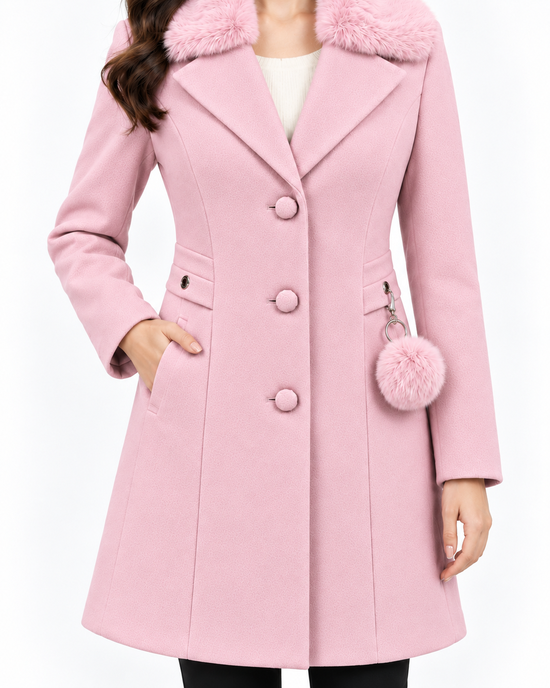 BRAVON Long Fur Collar Coat Blush Pink Fabric Detail View