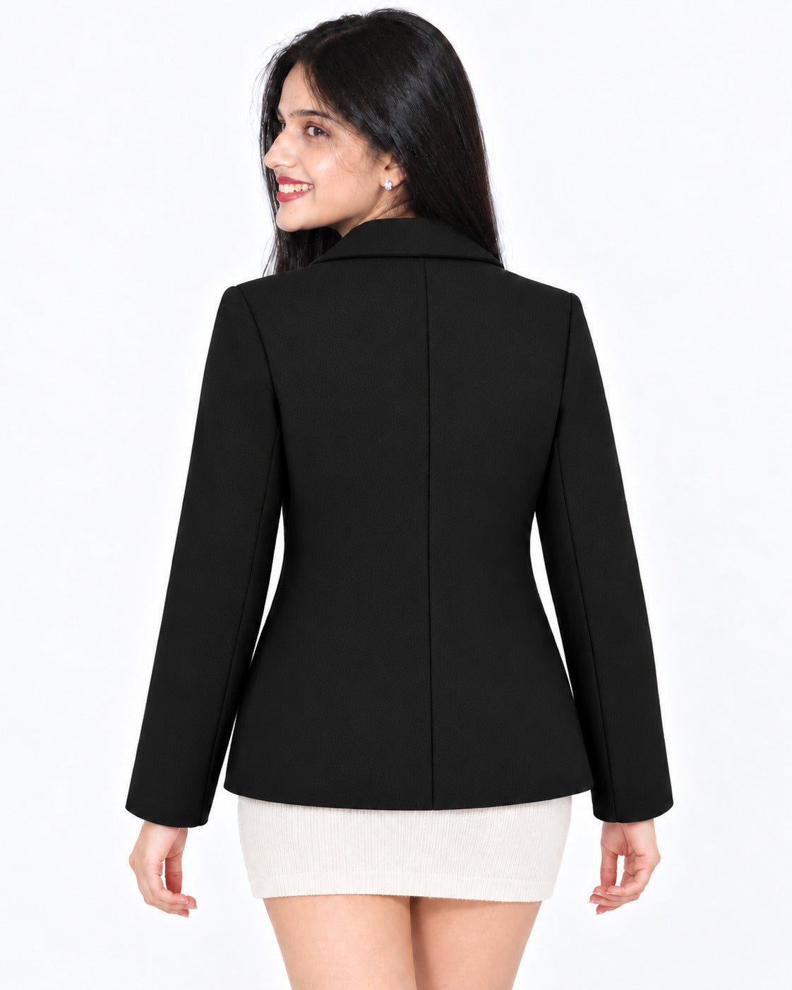 BRAVON women's two-button textured short coat with pom-pom charm, Black, back view