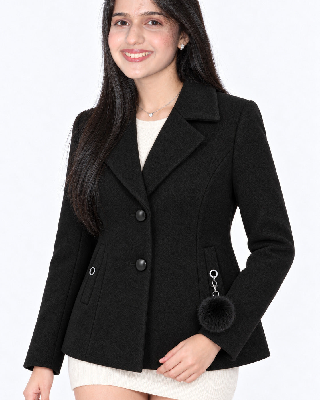 BRAVON women's two-button textured short coat with pom-pom charm, Black, detail view