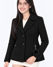 BRAVON women's two-button textured short coat with pom-pom charm, Black, detail view