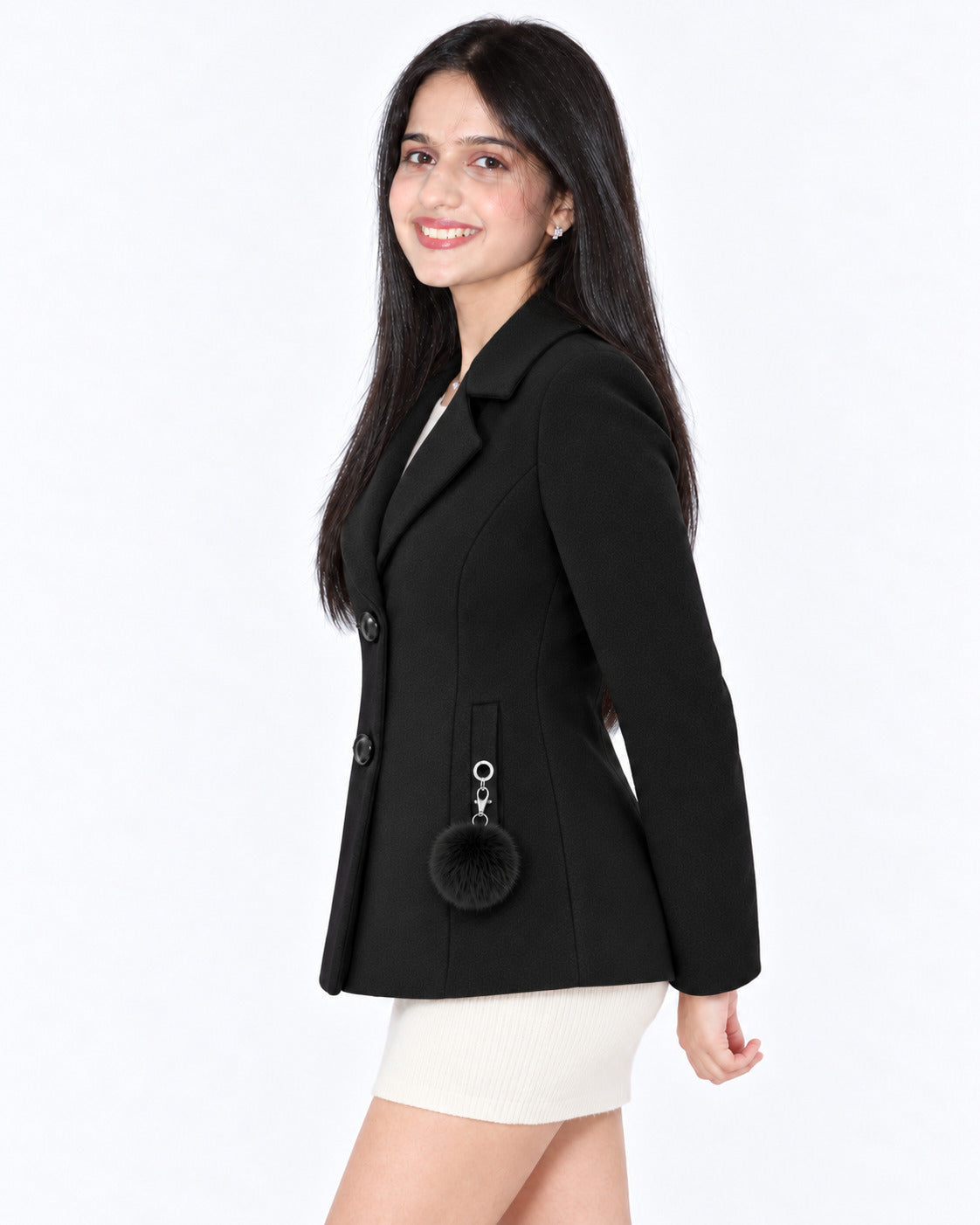 BRAVON women's two-button textured short coat with pom-pom charm, Black, side view