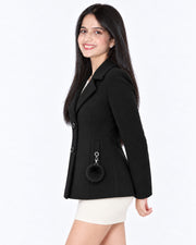 BRAVON women's two-button textured short coat with pom-pom charm, Black, side view