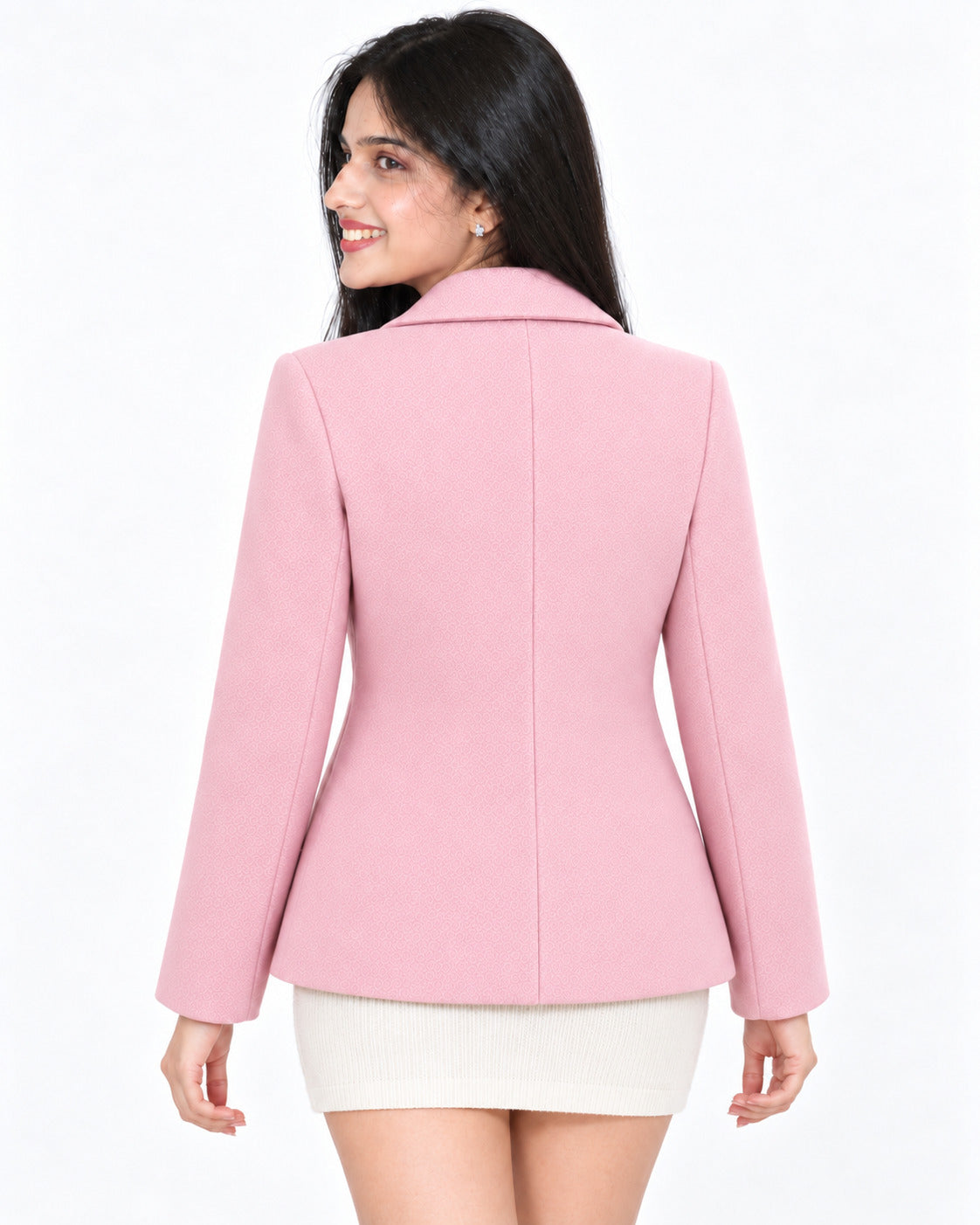 BRAVON women's two-button textured short coat with pom-pom charm, Blush Pink, back view