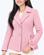 BRAVON women's two-button textured short coat with pom-pom charm, Blush Pink, detail view