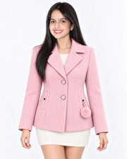 BRAVON women's two-button textured short coat with pom-pom charm, Blush Pink, front view