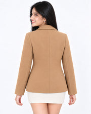 BRAVON women's two-button textured short coat with pom-pom charm, Camel Beige, back view