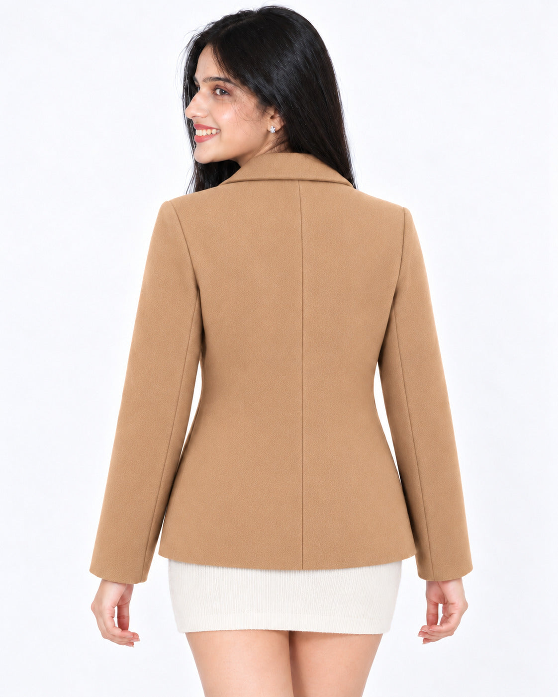 BRAVON women's two-button textured short coat with pom-pom charm, Camel Beige, back view