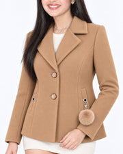 BRAVON women's two-button textured short coat with pom-pom charm, Camel Beige, detail view