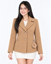 BRAVON women's two-button textured short coat with pom-pom charm, Camel Beige, front view