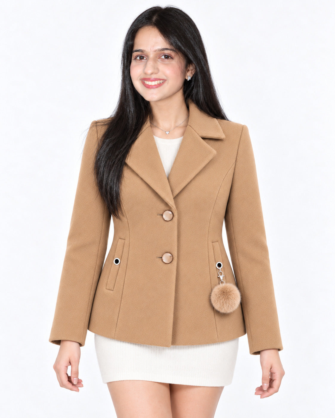 BRAVON women's two-button textured short coat with pom-pom charm, Camel Beige, front view