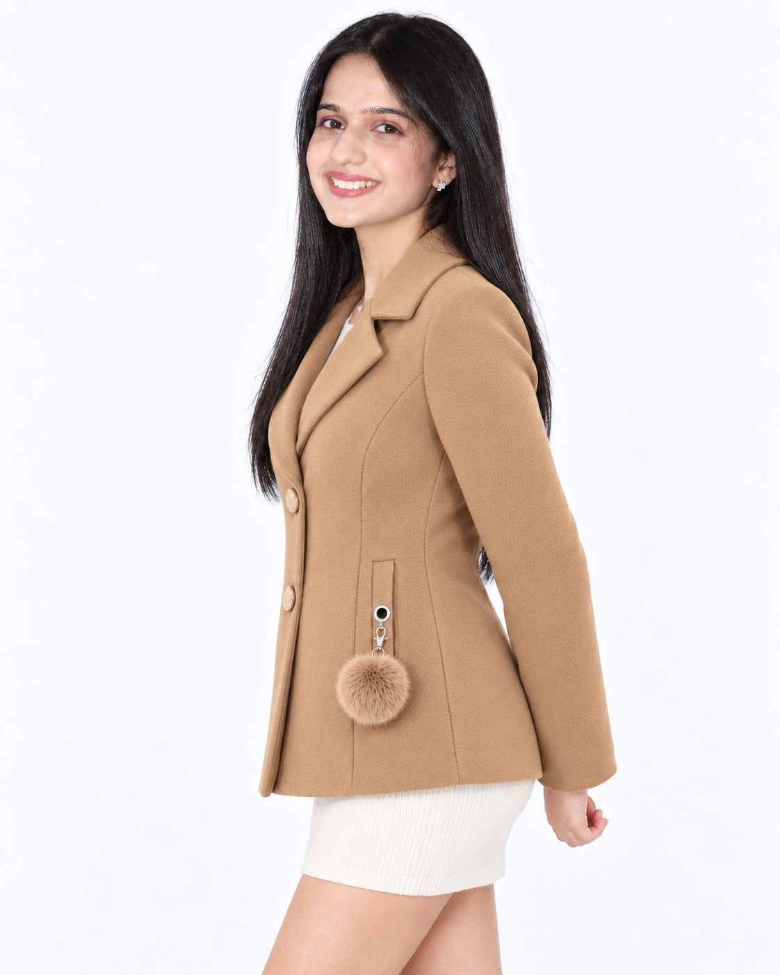 BRAVON women's two-button textured short coat with pom-pom charm, Camel Beige, side view