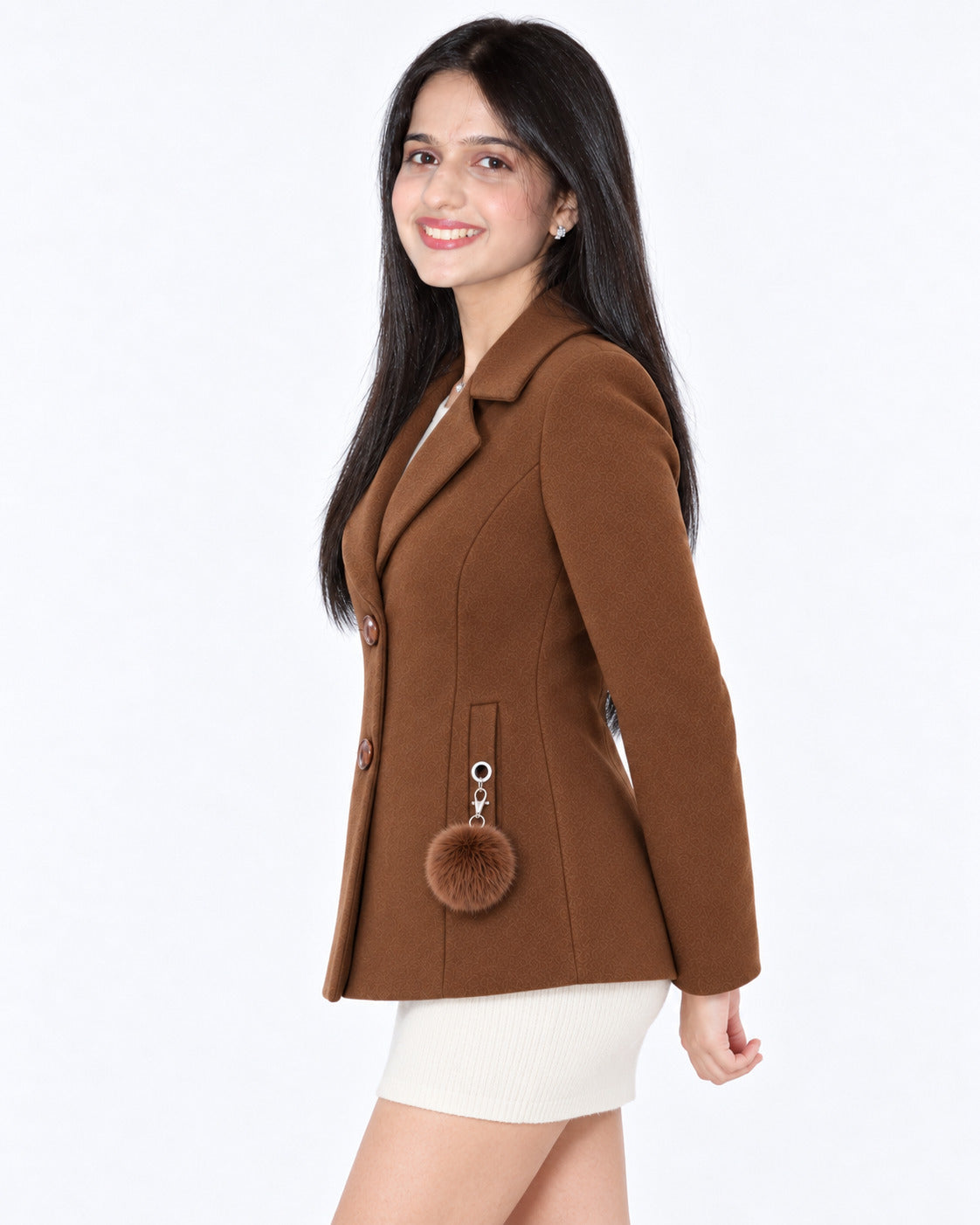 BRAVON women's two-button textured short coat with pom-pom charm, Chocolate Brown, side view