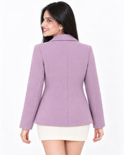 BRAVON women's two-button textured short coat with pom-pom charm, Lavender, back view