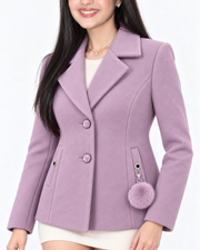 BRAVON Lavender textured short coat, close-up front detail with pom-pom