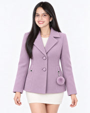 BRAVON women's two-button textured short coat with pom-pom charm, Lavender, front view