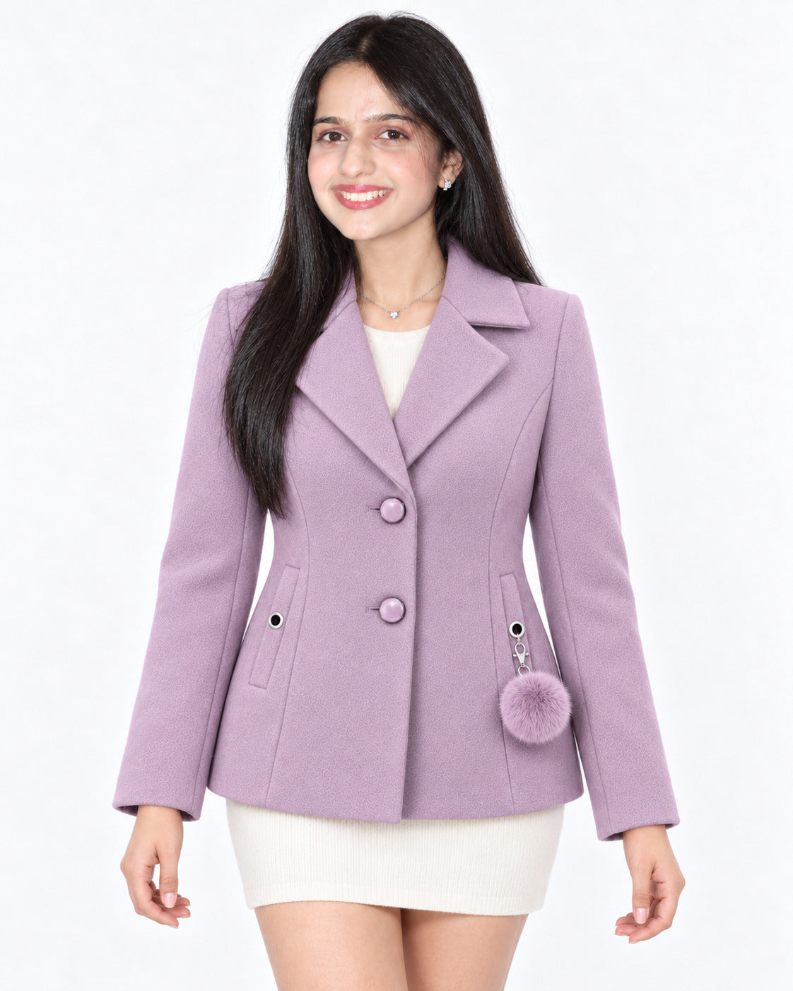 BRAVON women's two-button textured short coat with pom-pom charm, Lavender, front view