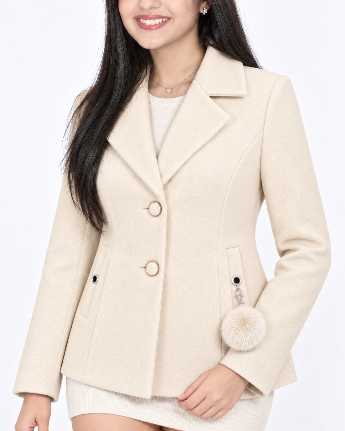 BRAVON women's two-button textured short coat with pom-pom charm, Milky Cream, detail view