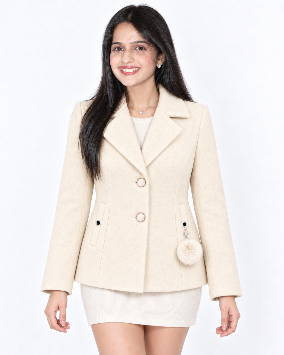 BRAVON women's two-button textured short coat with pom-pom charm, Milky Cream, front view