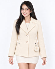 BRAVON women's two-button textured short coat with pom-pom charm, Milky Cream, front view